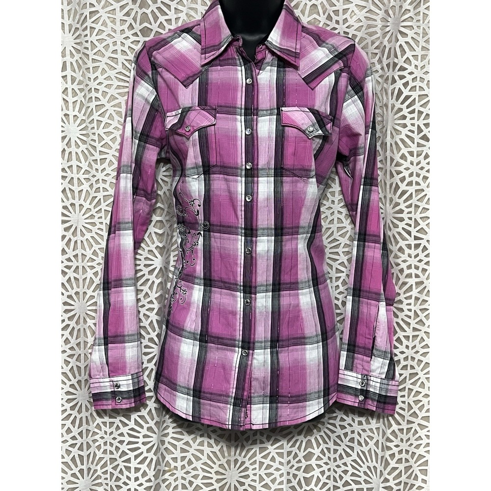 Wrangler Rock 47 Pink Plaid Western Shirt M Pearl Snap Embroidered Cowgirl